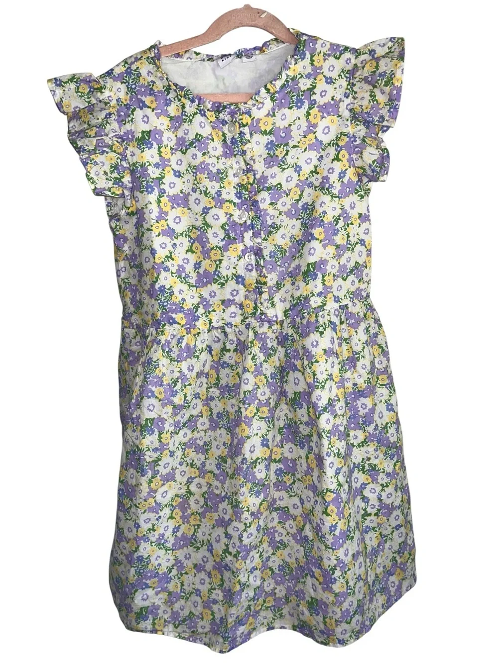 Gap Kids Girls 10/12 Purple Yellow Floral Ruffle Sleeve Button Front Dress